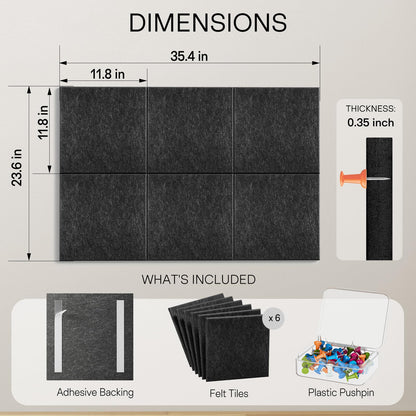 MaxGear Large Cork Board for Wall 36" x 24", Dark Gray Bulletin Board, 6 Pack Felt Wall Tiles with Pushpins, Cork Boards for Office Pin Board Tack Board Cork Boards