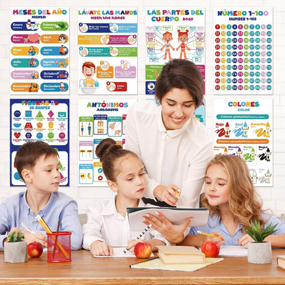 EggSun 16 Pcs Bilingual Learning Posters for School Classroom Decorations, 11 x 16in Poster Charts for Teachers Primary Middle High School Supplies Education Classroom Bulletin Board Wall Decor