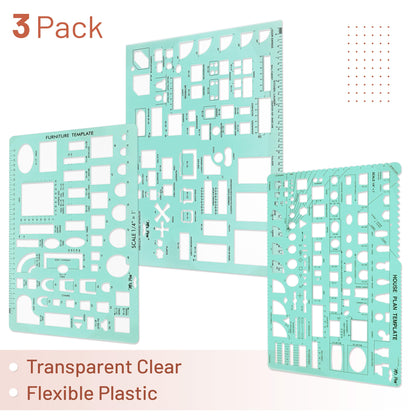 Mr. Pen- House Plan, 3 pcs, Interior Design and Furniture Templates, Clear Flexible Plastic, Drafting Tools, Ruler Shapes for Architecture, 1/4 Inch Scale, Kitchen, Bath, Bedroom, Office, Living Room