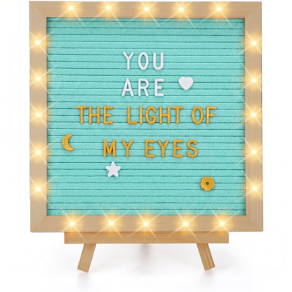 Changeable Felt Letter Board with LED Lights - 10×10" Message Custom Signs & Wood Stand & 450 Letters, Poster Board for Baby/Pregnancy Announcement/Classroom Wall Decor Gifts First Day of School, Blue