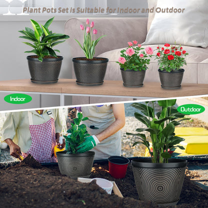 Quarut 10 Inch Flower Pots for Outdoor Indoor, 3 Pack Plastic Plant Pots with Drainage Hole & Tray, Modern Decorative Garden Pot with Saucer, planters for House (Brown)