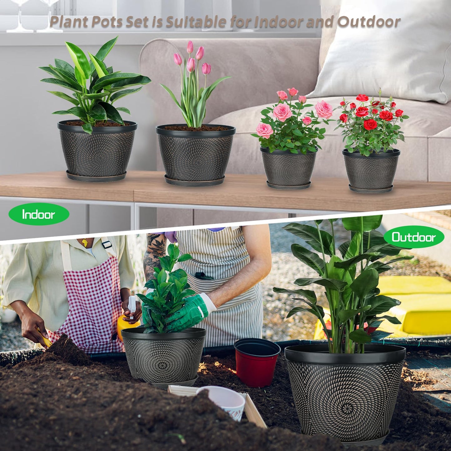Quarut 4 Pack 8 Inch Flower Pots for Outdoor Indoor, Plastic Plant Pots with Drainage Hole & Saucer, Lightweight Small Flower Pot, Circle Pattern Planters for Garden House planters（Brown）