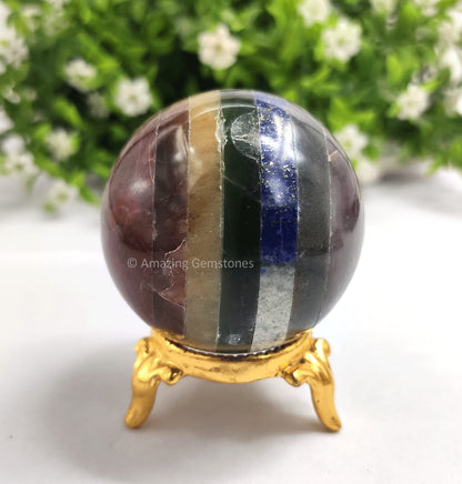 Amazing Gemstone Seven Chakra Crystal Sphere Round Ball with Sphere Holder Stand, Natural Healing Stone Sphere for Massage Meditation Crystal Grid Witchcraft Supplies Reiki Yoga