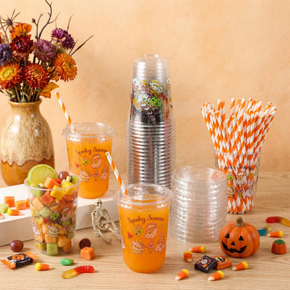 Rtteri 50 Sets Spooky Summer Plastic Cups with Lids and Straws 16 oz Disposable Clear Ghost Themed Cups Bulk for Iced Coffee Juice, Summer Halloween Birthday Party Decorations