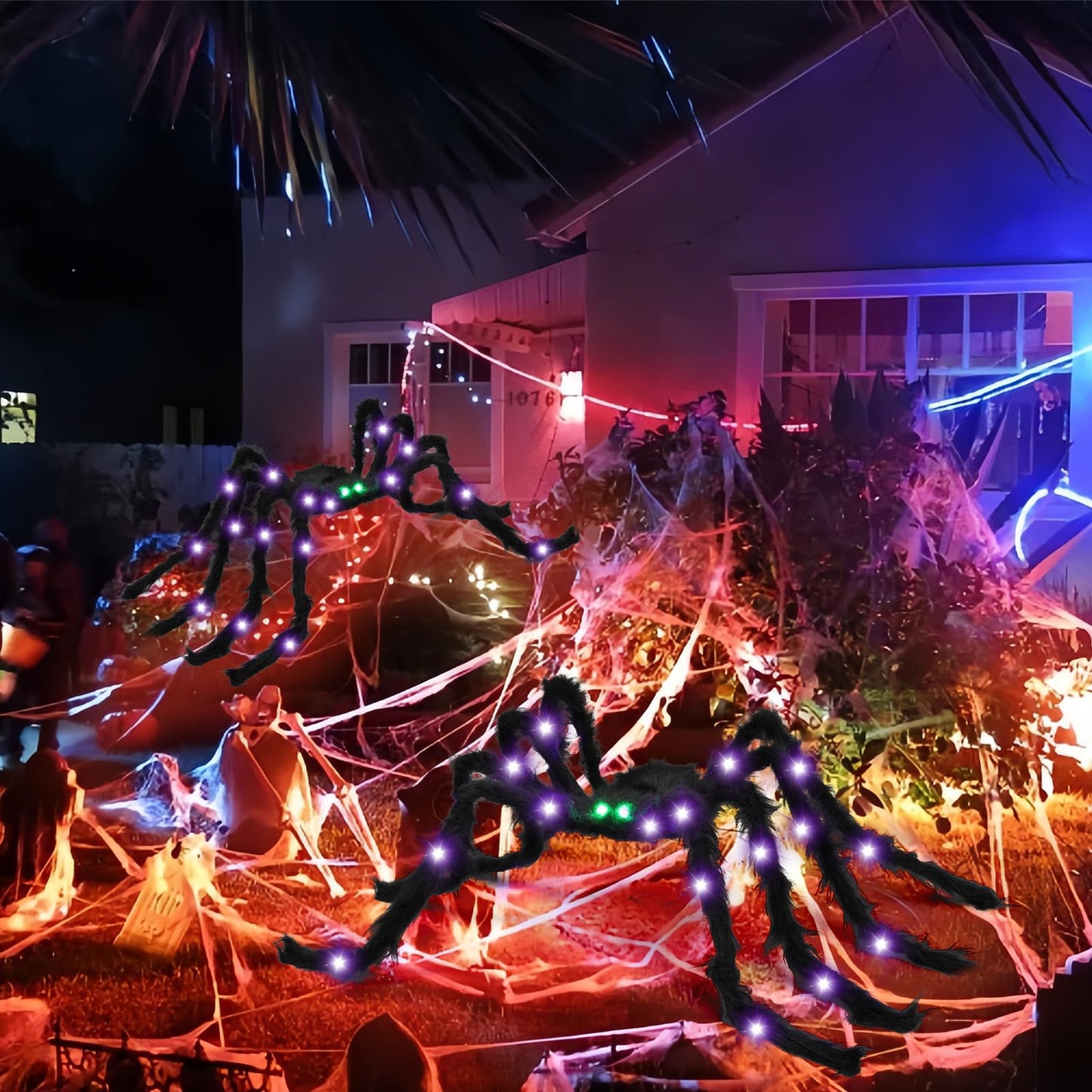 VOMAOK Halloween Spider Decorations 4ft Light Up Giant Spider(2 Pack) with Green Lighted Eyes for Indoor Outdoor Halloween Decorations Yard Party House Décor