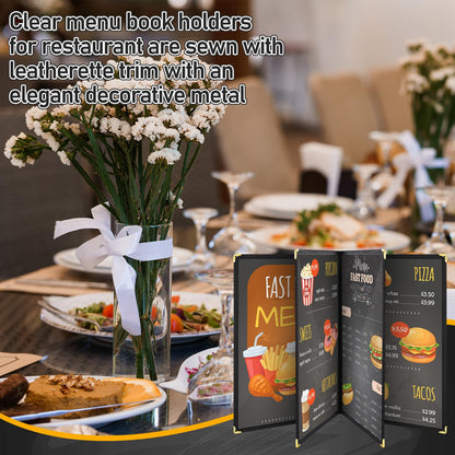 Cinnvoice 24 Pcs Restaurant Menu Covers 8.5 x 11 Inch Book Style 4 Page 8 View PVC Transparent Restaurant Menu Holder Book for Cafe Bar Hotel, Black