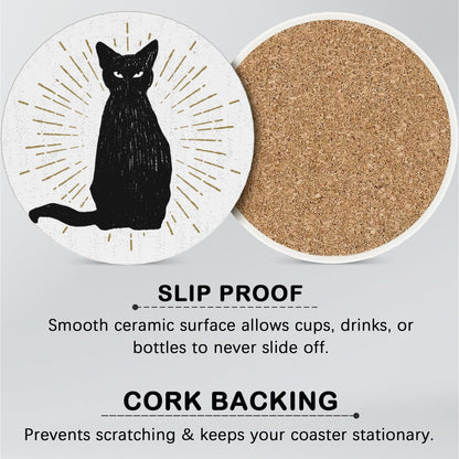 Coasters for Drinks Absorbent with Holder,Black Cat Sets of 6 Durable Cup Coaster for Coffee Table Protection,Great Housewarming Birthday Gifts,Home Decor