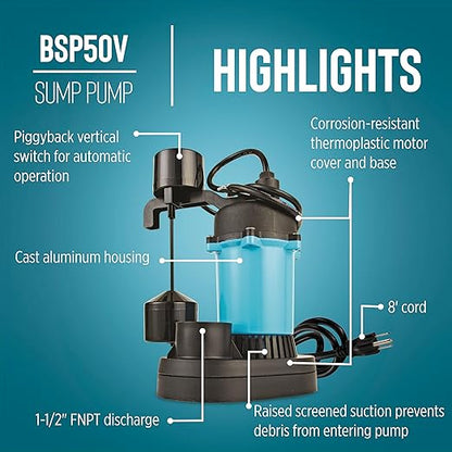 Little Giant BSP50V 1/2 HP, 115 Volt, 3180 GPH Automatic Submersible Epoxy Coated Cast Aluminum Sump Pump with Piggy-back Vertical Switch and 8-Ft. Cord, Blue, 511251