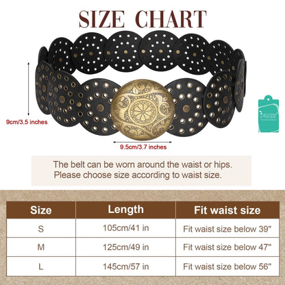 JASGOOD Western Belts for Women Wide Hollow Disc Leather Belt Cowgirl Waist Belt for Jeans Dresses with Metal Buckle