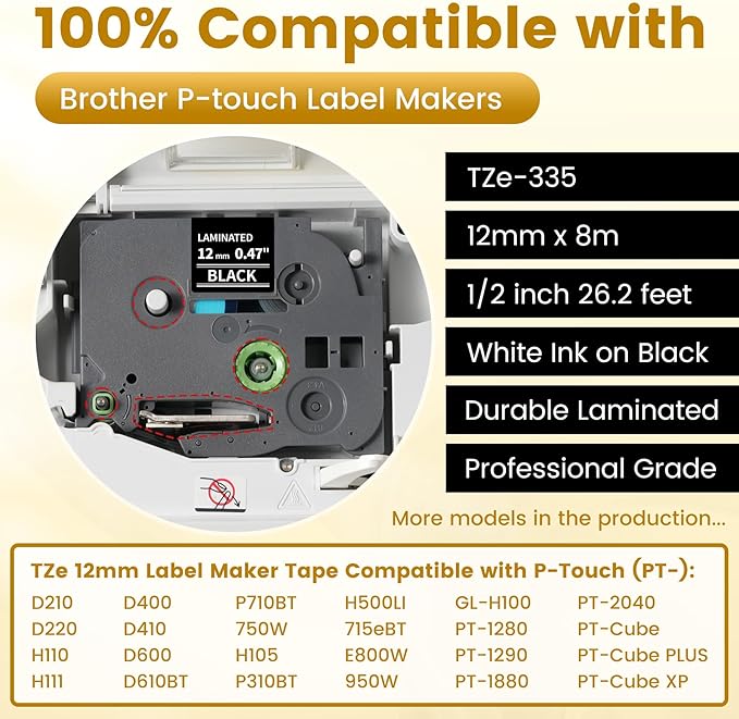 Freshworld 6-Pack Replace for Brother Label Maker Tape TZe-335 12mm 0.47 White Ink on Black Tape Laminated Compatible with Brother P-Touch Label Maker Refills for PTD210 D220 H110 H111 D410 610BT CUBE
