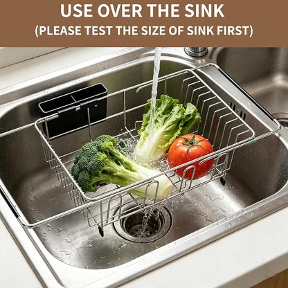 Expandable Over Sink Dish Drying Rack, Rustproof Stainless Steel Dish Drainer with Cutlery Utensil Holder, Quick Drainage Space Saving Kitchen Storage Organizer for Small Apartments RV
