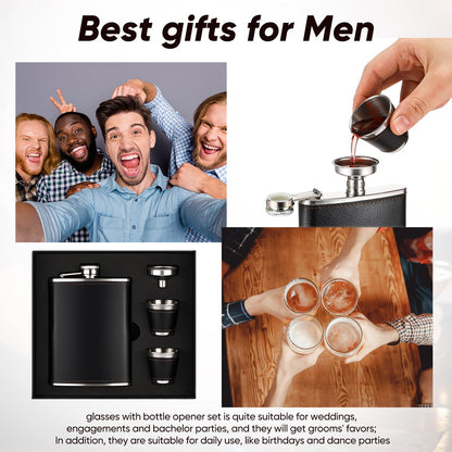 Domensi 6 Set Hip Flask Gift Set Flask for Liquor for Men with Black Leather Cover 8 oz Hip Flask Set 18/8 Stainless Steel Hip Flasks with 2 Cups & Funnel for Men Gift Box, Camping, Wedding Party