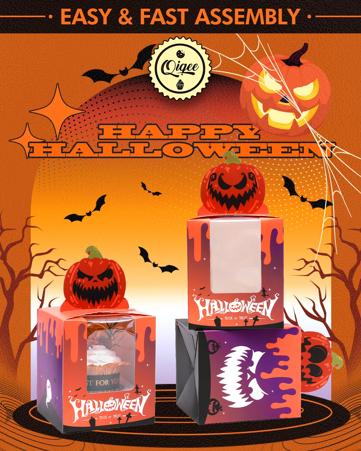 qiqee Halloween Individual Cupcake Boxes Cupcake Holders Disposable 25pcs Single Cupcake Boxes with Window 3.7x3.7x4.5 Cupcake Containers for Halloween