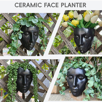 qumHmup Ceramic Face Wall Planter, Black Head Vase with Drainage Hole, Modern Art Indoor Outdoor Wall Mounted Succulent Planter, Elegant Home Garden Decor