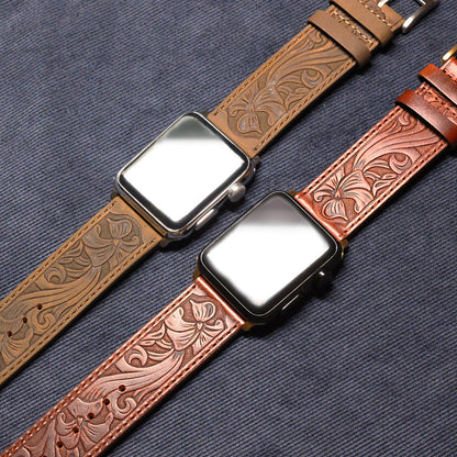 Deeplus for Apple Watch Band Leather 46mm 45mm 44mm 42mm, Handmade Carved Bump Genuine Leather Replacement Strap for iWatch Series 10 9 8 7 6 5 SE, Retro Brown