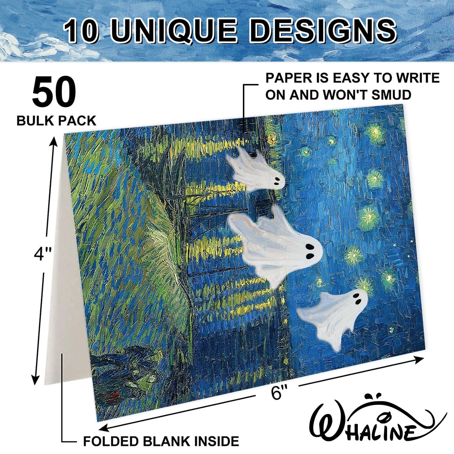 Whaline 50 Pack Halloween Cards Cute Ghost Greeting Cards with Envelopes Stickers Glue Stick Blank Note Card for Party Invitations, 4 x 6 Inch