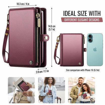 XIMAND Passport Holder Wallet Bag with AirTag Holder, 11 Card Slots and Passport Solt Cash Solt Photo Solt Zipper Pocket, RFID Blocking Wristlet Strap.Wine