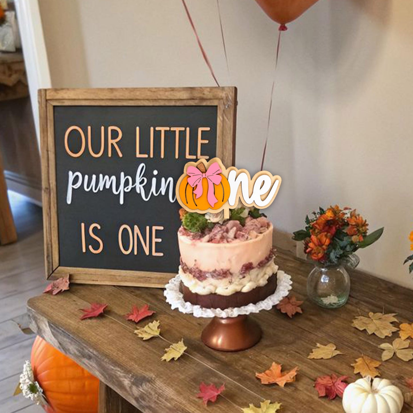Upfirst Wooden Pumpkin One Cake Topper - Halloween Theme Party Decorations,Sweet Bow Pumpkin Sign First Birthday Cake Topper,Fall Harvest Thanksgiving Party Supplies (pumpkin topper)