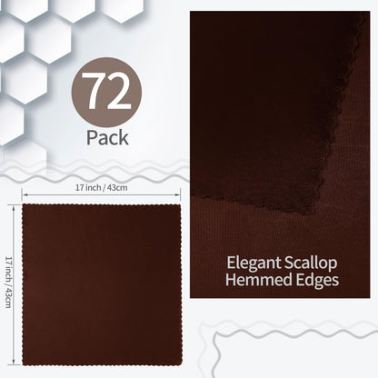 RUDONG M 72 Pack Chocolate Brown Satin Napkin, 17 x 17 Inch Square Cloth Napkins, Soft Fabric Napkin with Scalloped Edges, Reusable Washable Dinner Table Napkins for Wedding, Banquet, Party