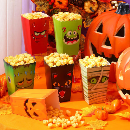 Roshtia 24 Pcs Halloween Popcorn Boxes, 6 Designs Popcorn Bags Containers, Candy Cookie Treat Boxes for Snacks Goodie Bags and Halloween Party Supplies(Demon)