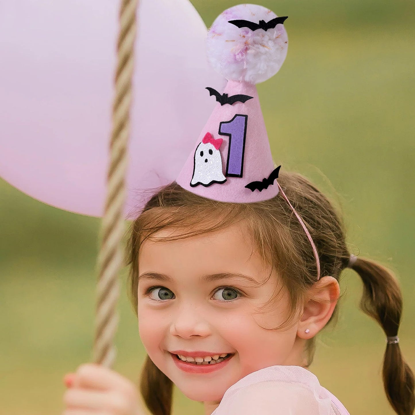 Agkvw Halloween Pink Ghost 1st Birthday Hat with Bats - Spooky One Birthday Crown, Cute Halloween 1st Bday Decoration for Girls, My FirstHalloween Bday Decor