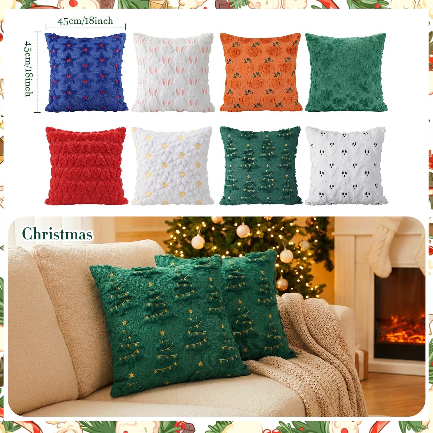 Windkream 16 Pcs 4th of July Holiday Pillow Covers 18 X18 Plush Faux Fur Cushion Covers Velvet Throw Pillow Cover Bunny Sunflower Star Pillows Case for Holiday Decor