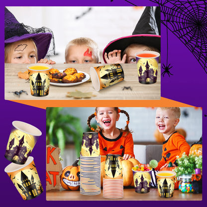 Rtteri 100 Pcs Halloween Disposable Paper Cups 9 oz Disposable Pumpkins Castle Cups for Adults Hot Cold Beverage Juice Snack and Drink Cup Coffee Cups Decoration Supplies for Halloween