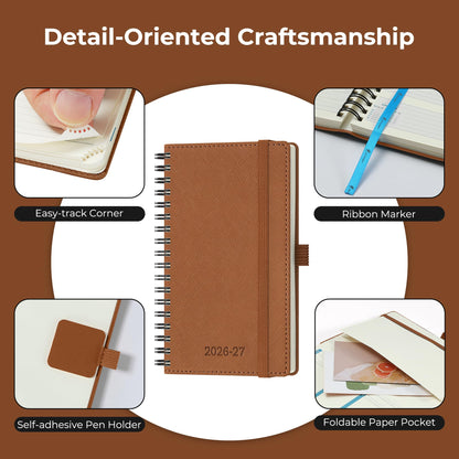 IN-LUXPRO Planner 2026-2027 Daily Weekly and Monthly,6.5"x3.75",18 Months Spiral Bound Calendar Agenda with Self-adhesive Pen Holder,2026 Academic Plan with Vegan Leather Soft Cover,Brown