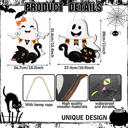 Leinuosen 2 Pcs Halloween Ghost Witch Door Sign Boo Decorations Front Door Hanger Wreath Decor Black Cat Pumpkin Wooden Hanging Sign for Party Supplies (Ghost)