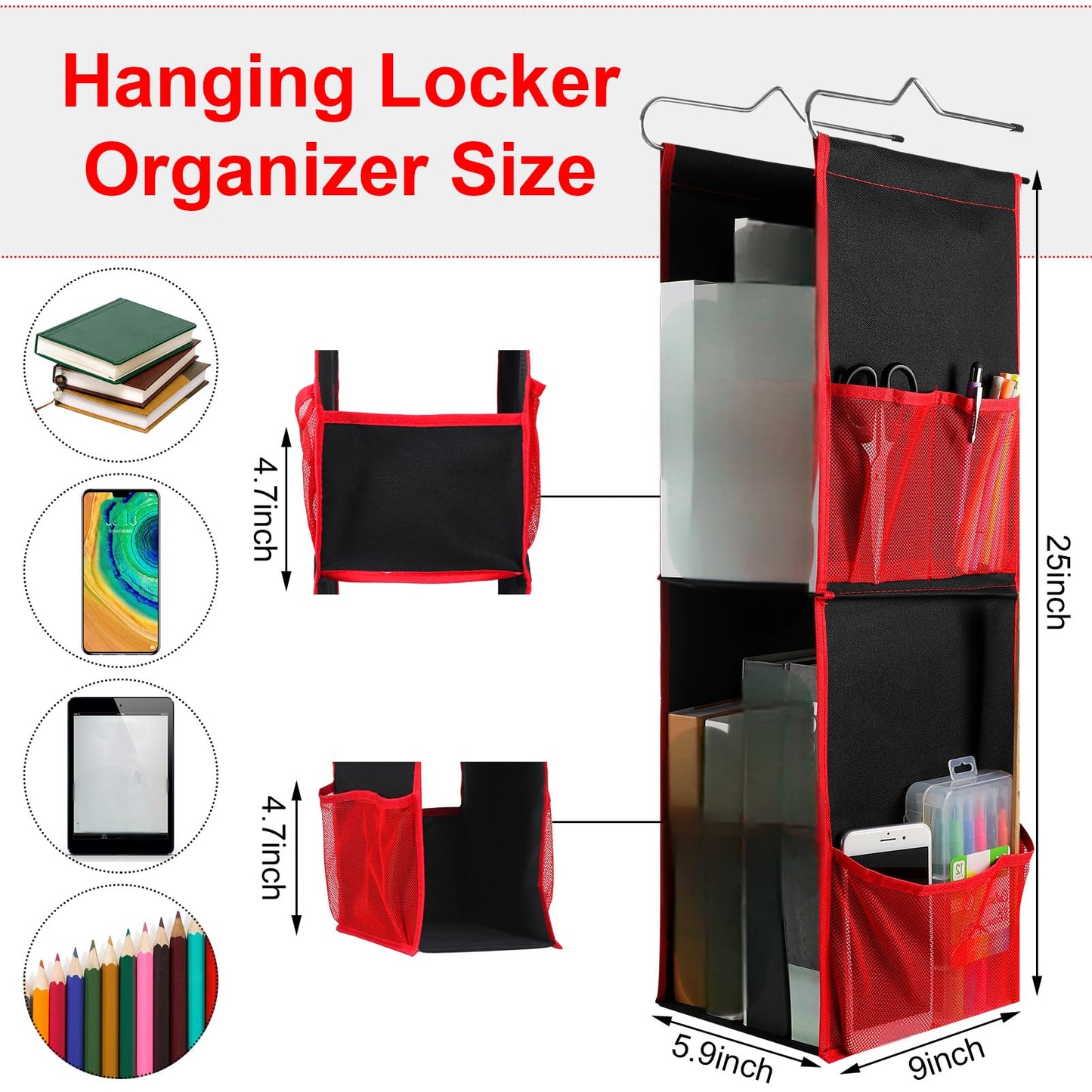 Chapou 1 PC Hanging Locker 2 Layer Shelves Hanging Locker Organizer Accessories for Office School Gym Closet Home Supplies(Red)