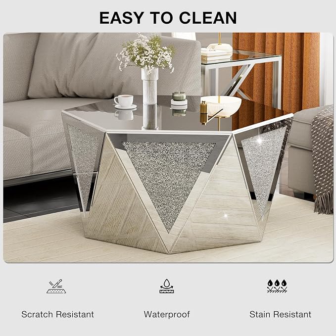 IKIFLY Mirrored Coffee Table with Crushed Diamond, Luxury Hexagon Silver Coffee Table, Living Room Table for Art Deco Office