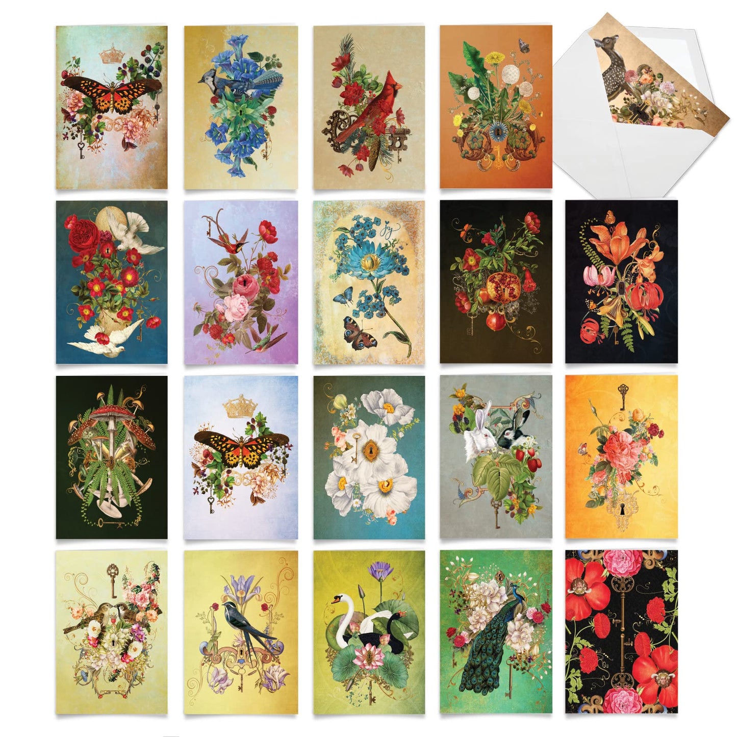 The Best Card Company - 20 Assorted Blank Notes Boxed Set 4 x 5.12 Inch with Envelopes (20 Designs, 1 Each) - Enchanted Garden AM10219OCB-B1x20