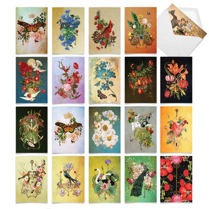 The Best Card Company - 20 Assorted Blank Notes Boxed Set 4 x 5.12 Inch with Envelopes (20 Designs, 1 Each) - Enchanted Garden AM10219OCB-B1x20