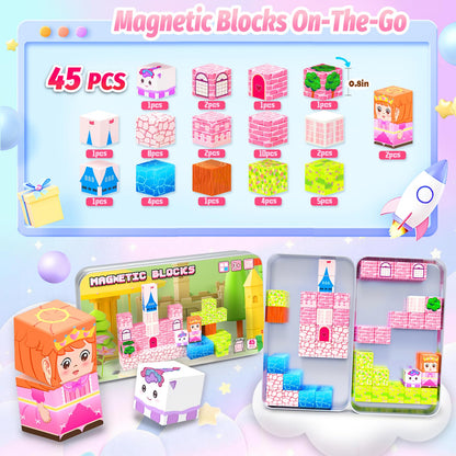 CEMECER Mini Magnetic Blocks for Kids, 45PCS Travel Magnetic Building Block Cubes with Iron Box, Princess Stacking Magnets Toys for Toddlers, Sensory Montessori Construction Toys.