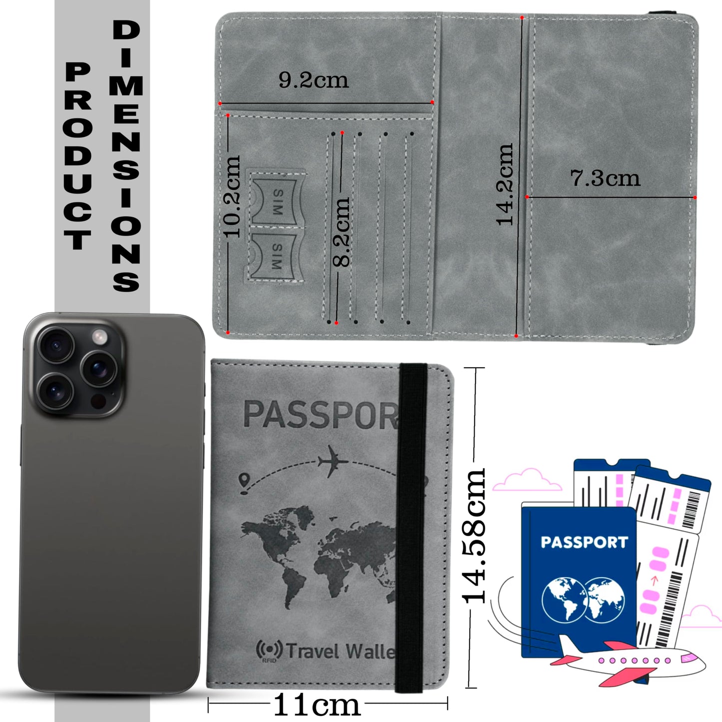 Storite Passport Holder Cover Travel Wallet Organiser with RFID Protection, Credit Card Case, PU Leather for Men & Women (Grey)