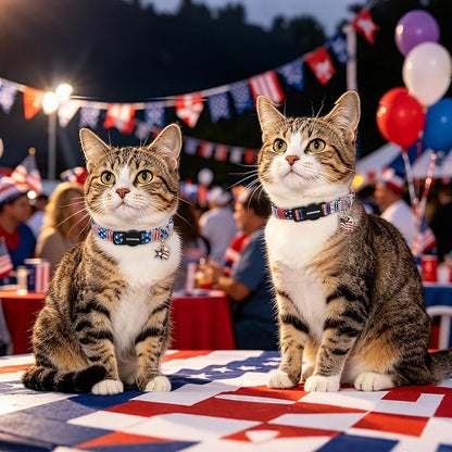 2 Pack Independence Cat Collars,Pink American Flag Cat Collar with Bell Breakaway Adjustable for 4th of July Independence Day，Adjustable Kitten Collar 7-12 Inch