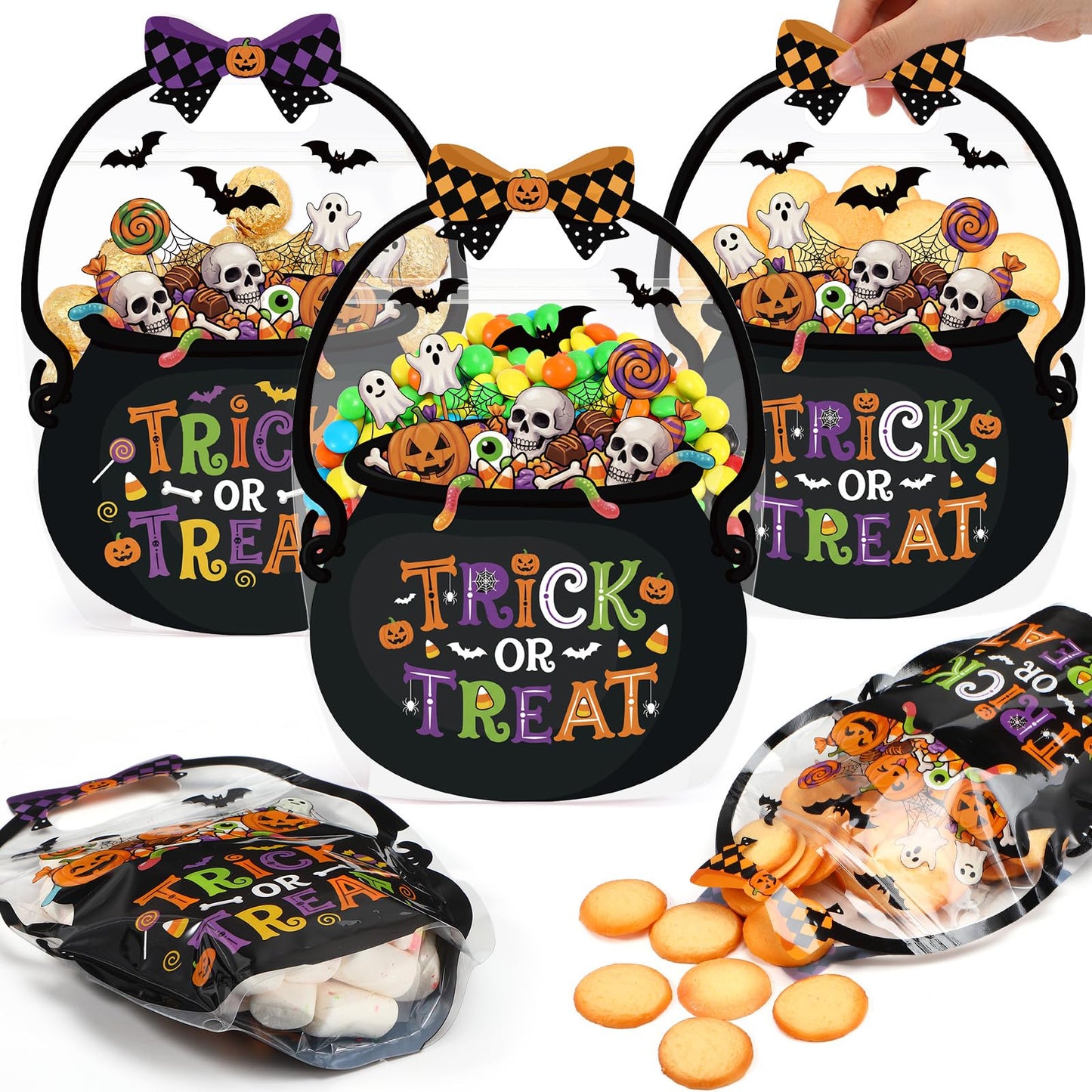 Fuutreo 50 Pcs Halloween Plastic Bags Clear Witch Cauldron Sealed Gift Pouches with Handles Resealable Scary Holiday Favor Bags for Halloween Holiday Party Candy Gift Wrapping Supplies Decoration