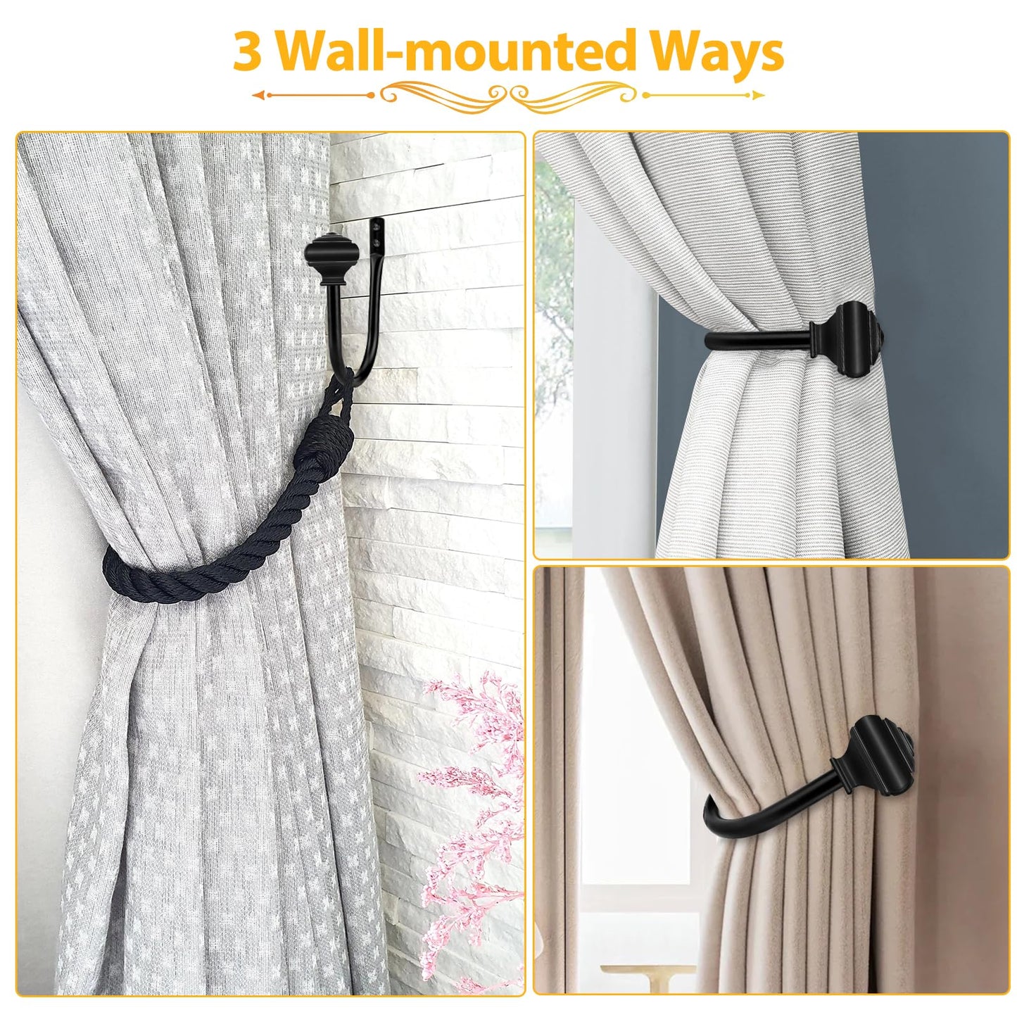 2 Pack Black Curtain Tiebacks, USFOOK Decorative Window Drapery Holdbacks (2 Pack/1 Pair), Curtain Hooks for Drapes with Square Finials (3.45" L x 5.35" W)