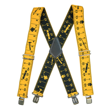 KUNN Men Suspender Tape Measure Pattern 2 inch Suspender Fully Strength Elastic with Heavy Duty Clip,Yellow Color