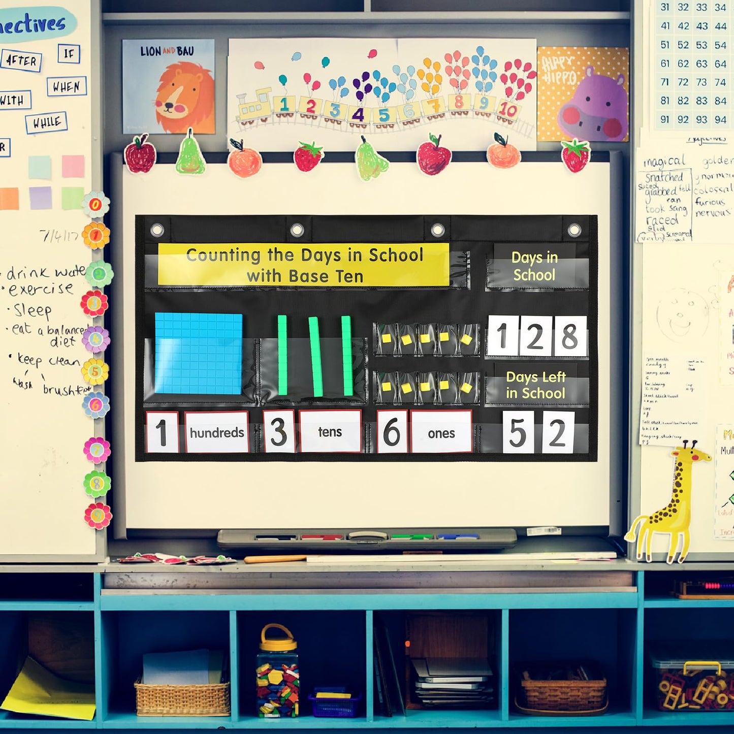 Resurhang Back to School Counting the Days with Base Ten Pocket Chart Place Value, Counting Caddie Pocket Chart for Classroom Bulletin Board School or Home Decor, 4 Hooks(Black,Classic Style)