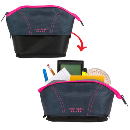 Five Star Pencil Pouch, Pen Case, Quick View Expandable Zipper Pouch, Storage Organizer for School Supplies Earbuds Chargers Cables Makeup, Navy/Pink (507610B-ECM)