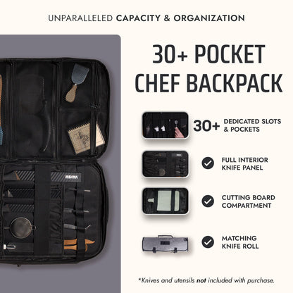 Asaya Chef Knife Backpack with 20-Pocket Knife Roll Bag - Over 30 Storage Pockets Chef Bag, Professional Backpack for Chefs and Culinary Students – Knives Not Included (Grey)