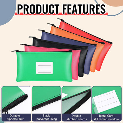 Paterr 6 Pcs Money Bags with Zipper PU Leather Deposit Bank Bag Security Money Pouch Receipt Holder Bank Pouch Wallet with Label for Cash Coin Makeup Cosmetics Bills Tickets, 11 x 6 Inch(Multi Colors)