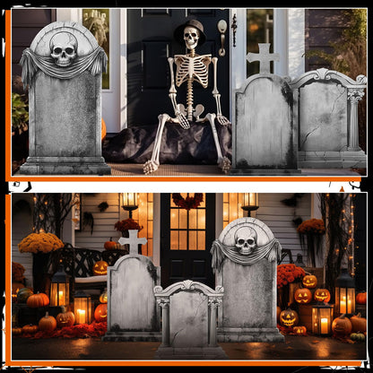 Leinuosen 3 Pcs 28"-48" Halloween Party Spooky Scenes Decoration Tombstone Cardboard Cutout Stand-up Spooky Tombstone Backdrop Photo Prop Standup Cutout for Halloween Party Yard Graveyard Decor Supply