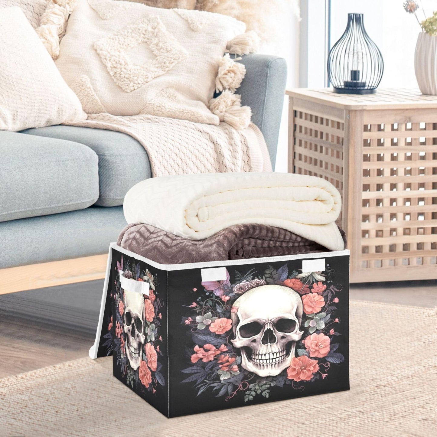 xigua Skull Storage Bins with Lids and Carrying Handle,Foldable Storage Boxes Organizer Containers Baskets Cube with Cover for Home Bedroom Closet Office