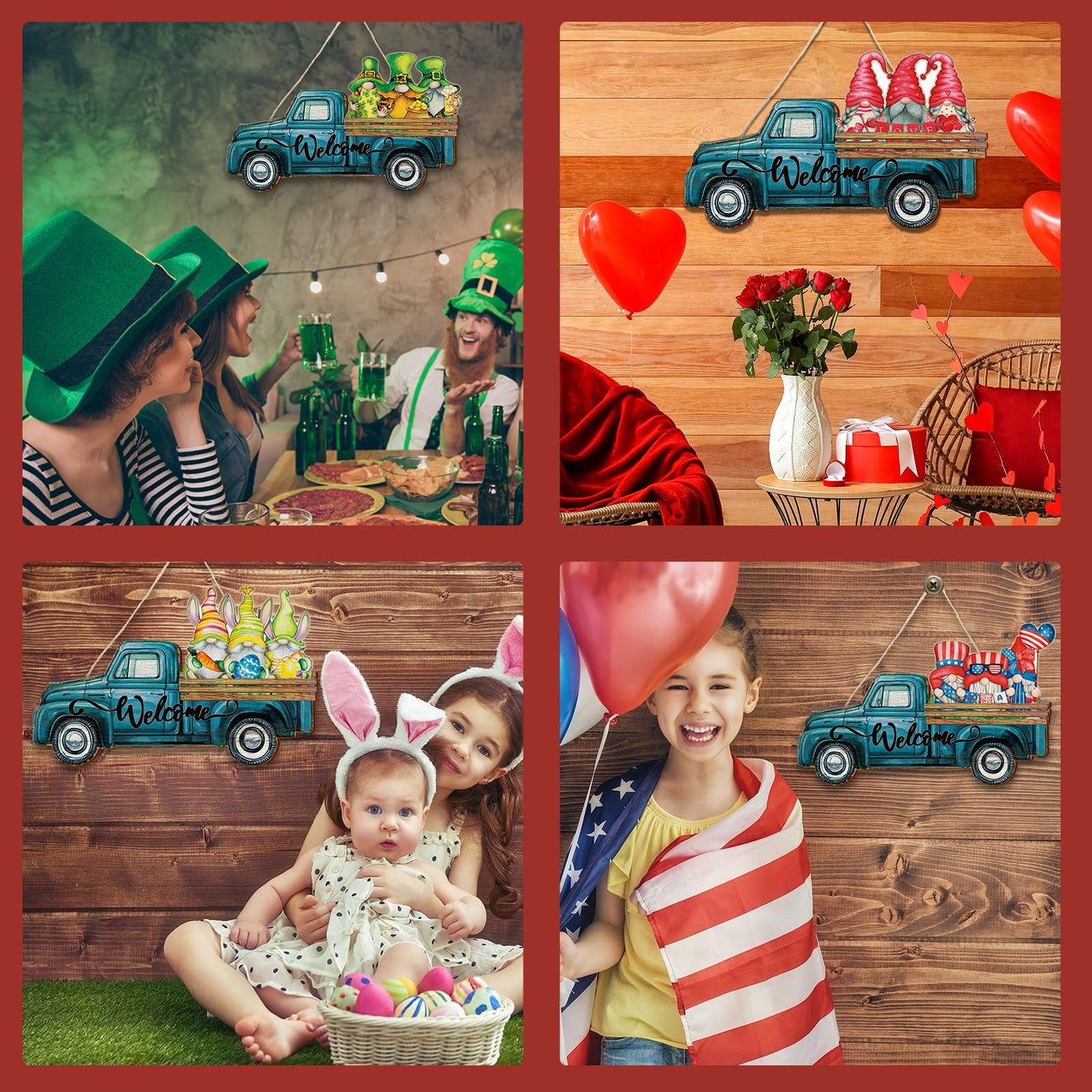 Chitidr Spring Summer Interchangeable Gnome Welcome Sign, 1 Seasonal Wooden Truck Door Hanger with 22 Spring Summer Holiday Gnome Decorations (Blue)