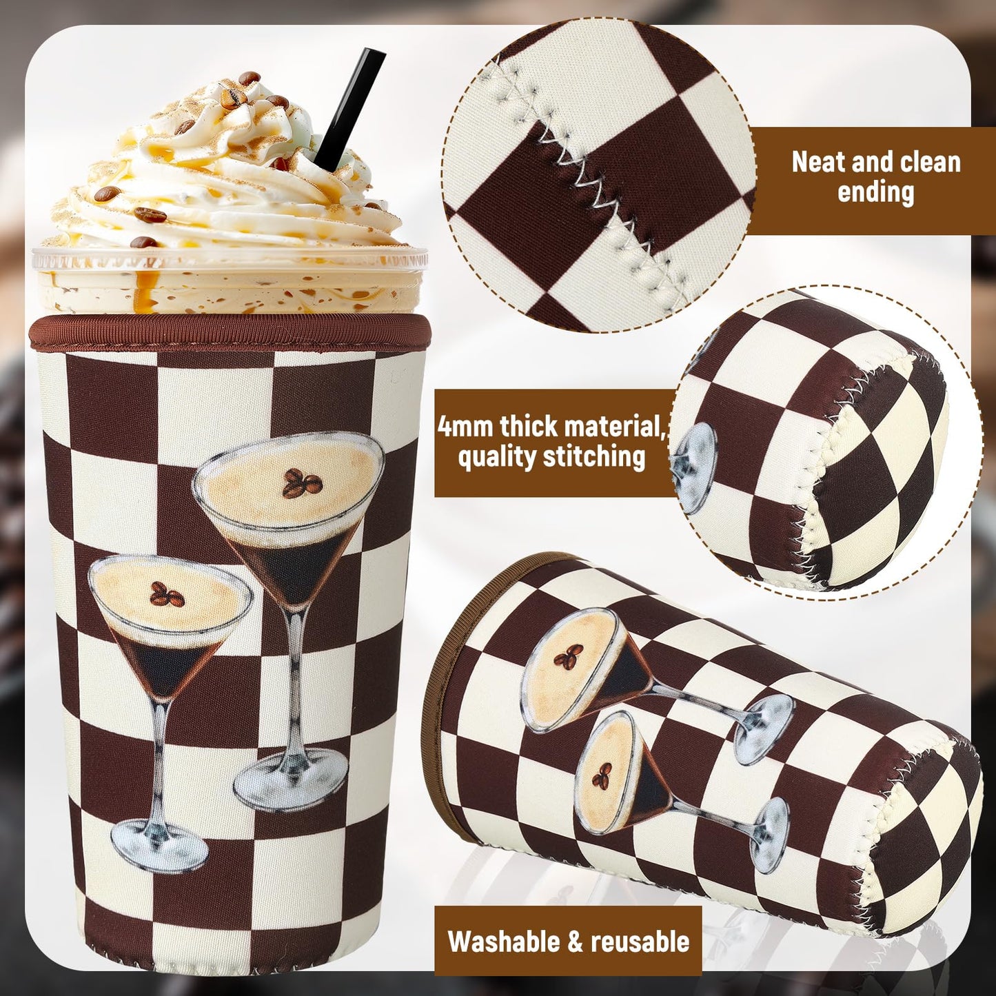 SiliFine 8 Pcs Reusable Sleeves for Iced Coffee Cup Pink Bow Cup Coolie Espresso Martini Reusable Coffee Insulator Sleeves Neoprene Insulated Holder for Iced & Hot Drinks, 22-24 oz