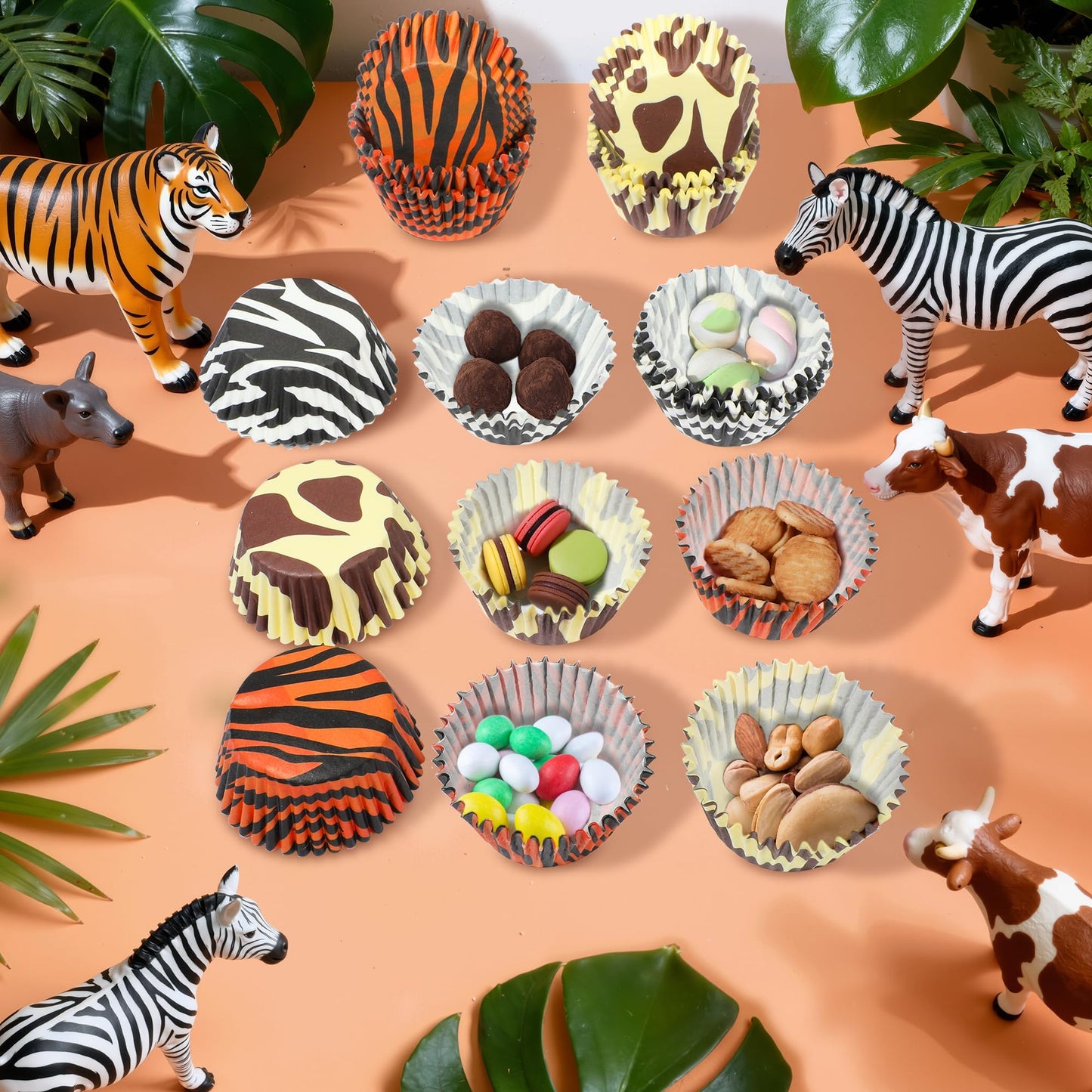 Glavatrix 300PCS Animal Print Cupcake Liners Zebra Tiger Cow Print Standard Size Muffin Cupcake Wrapper Paper Baking Cups for Zoo Safari Baby Shower Jungle Animal Theme Birthday Party Candy Cake Decor