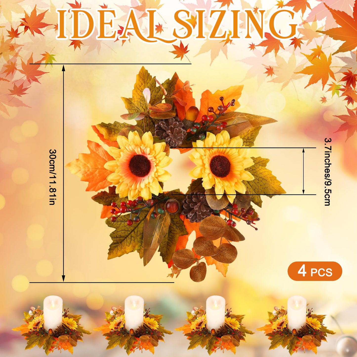 Ceenna 4 Pcs Thanksgiving Fall Candle Rings 3.7 Inch Center Fall Candle Rings Wreath Thanksgiving Autumn Decorative Artificial Maple Leaf Sunflowers Floral Holder Festival Holiday Party Decoration