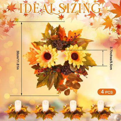 Ceenna 4 Pcs Thanksgiving Fall Candle Rings 3.7 Inch Center Fall Candle Rings Wreath Thanksgiving Autumn Decorative Artificial Maple Leaf Sunflowers Floral Holder Festival Holiday Party Decoration